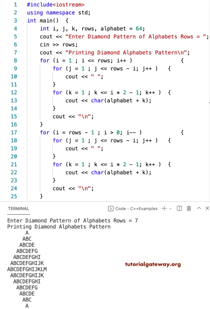 C++ Program to Print Diamond Alphabets Pattern