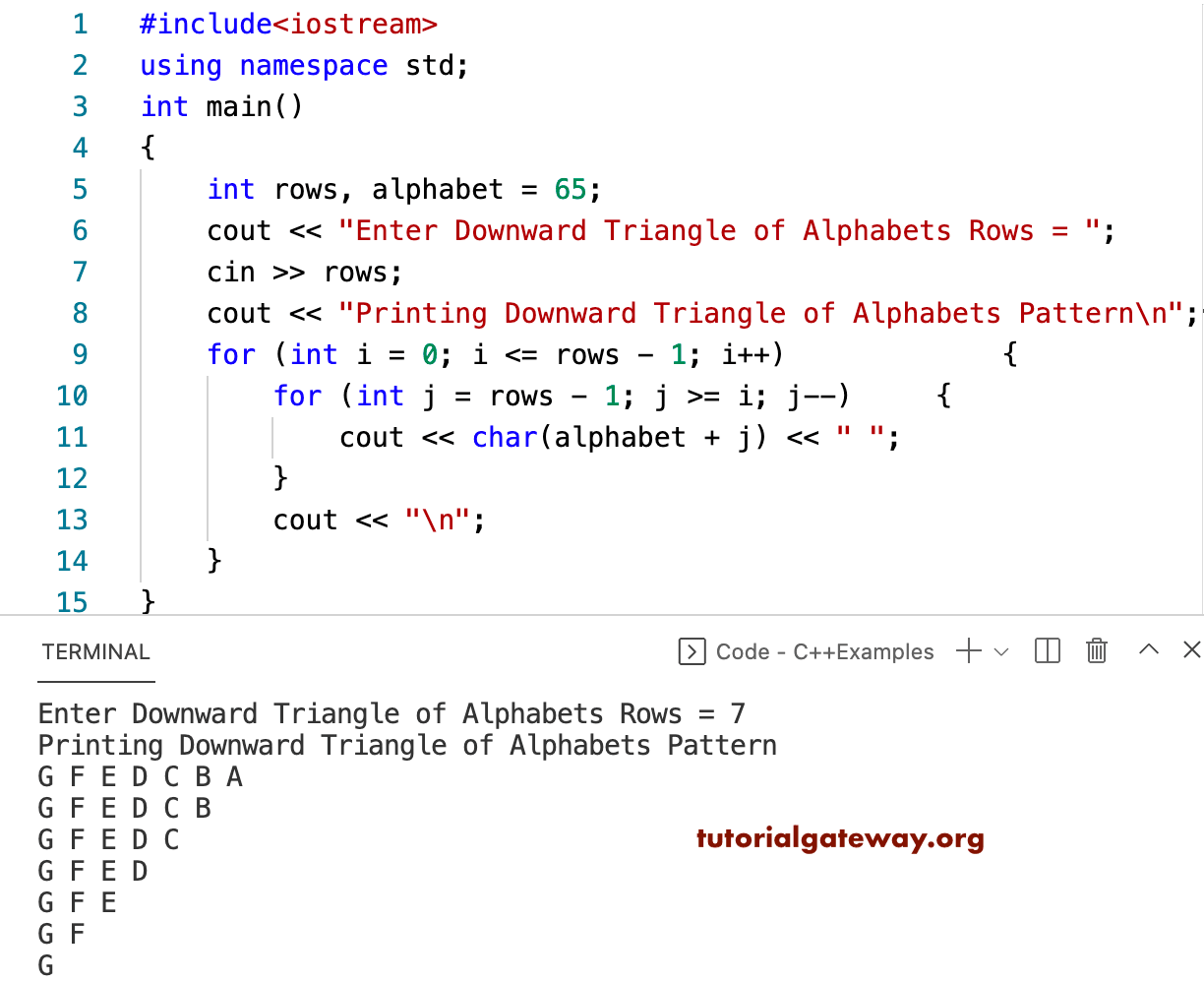 C++ Program to Print Downward Triangle Alphabets Pattern