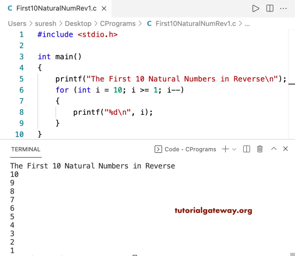 C Program to Print First 10 Natural Numbers in Reverse