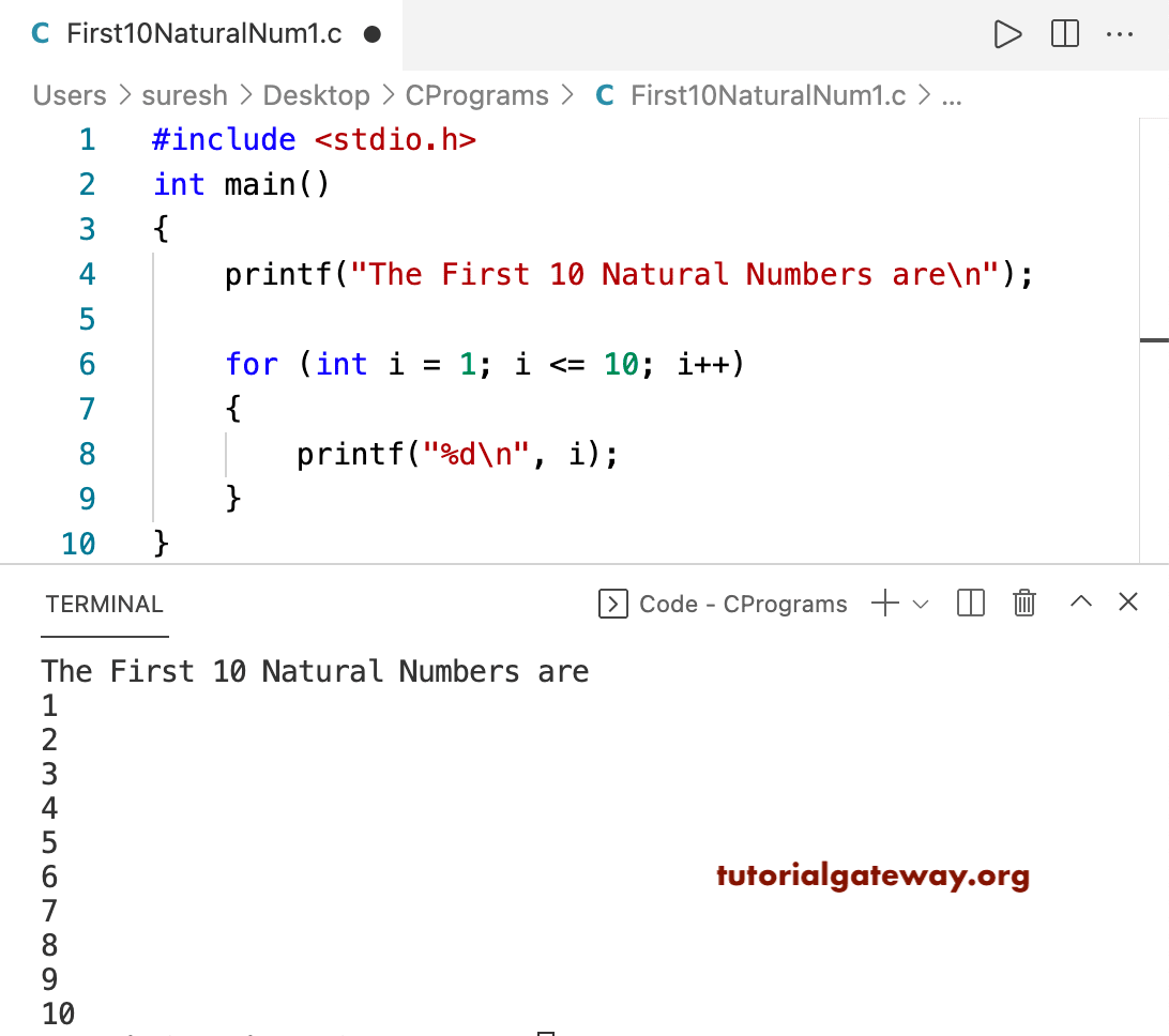 C Program to Print First 10 Natural Numbers