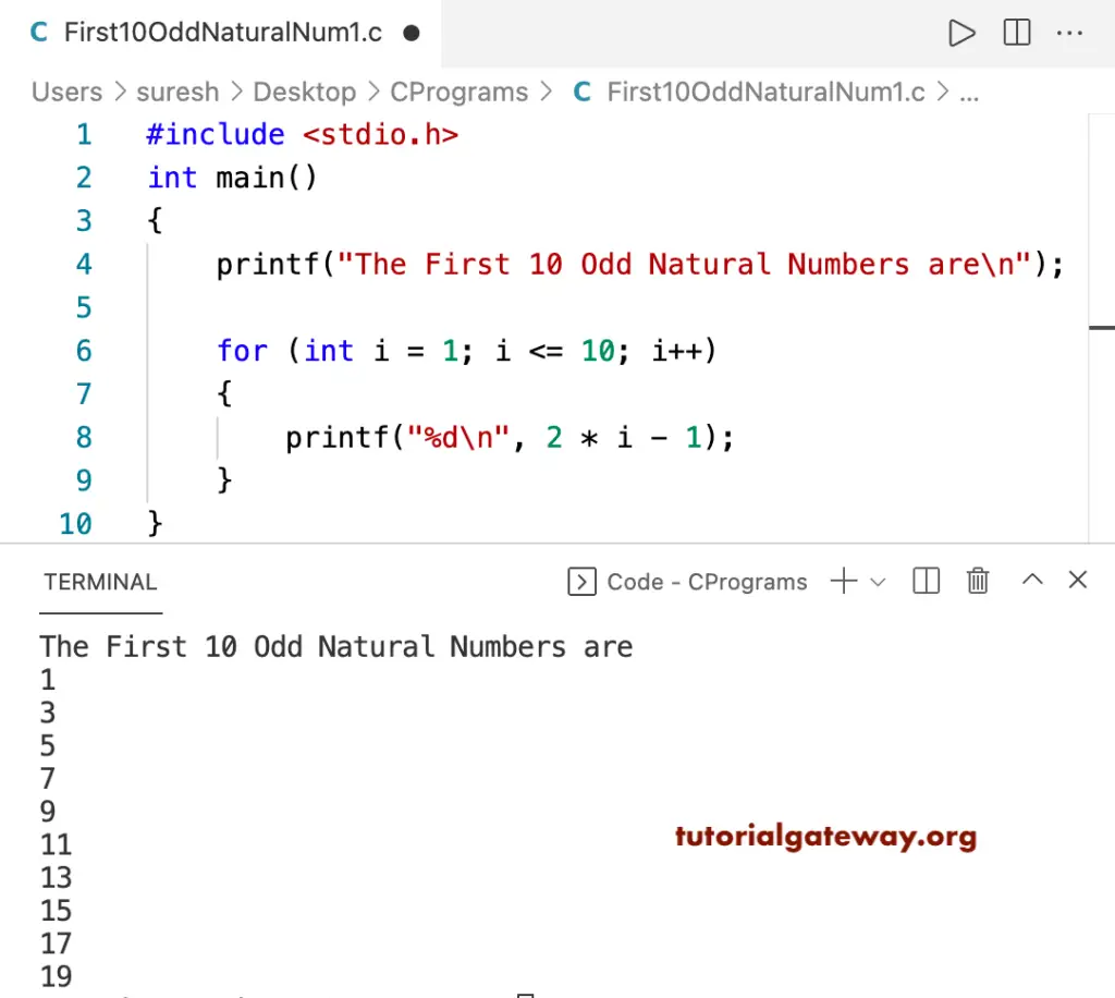 C Program to Print First 10 Odd Natural Numbers