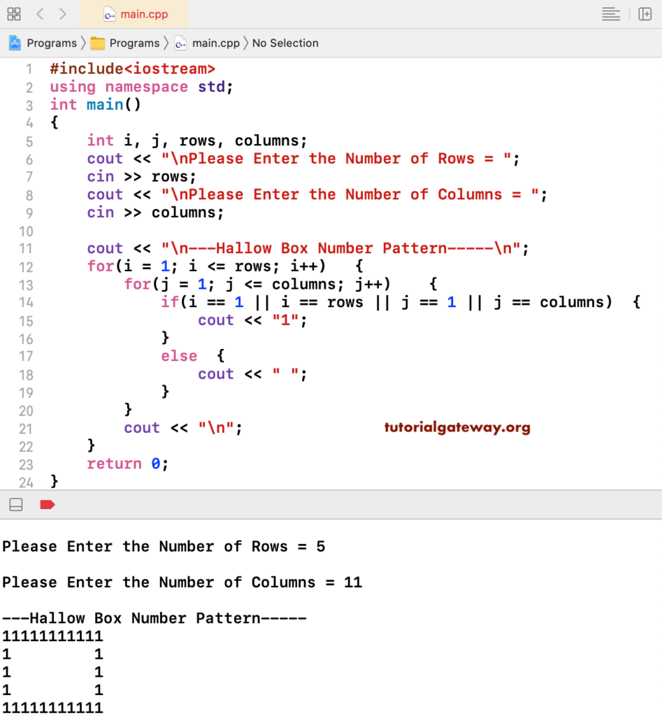 C++ Program to Print Hollow Box Number Pattern 1