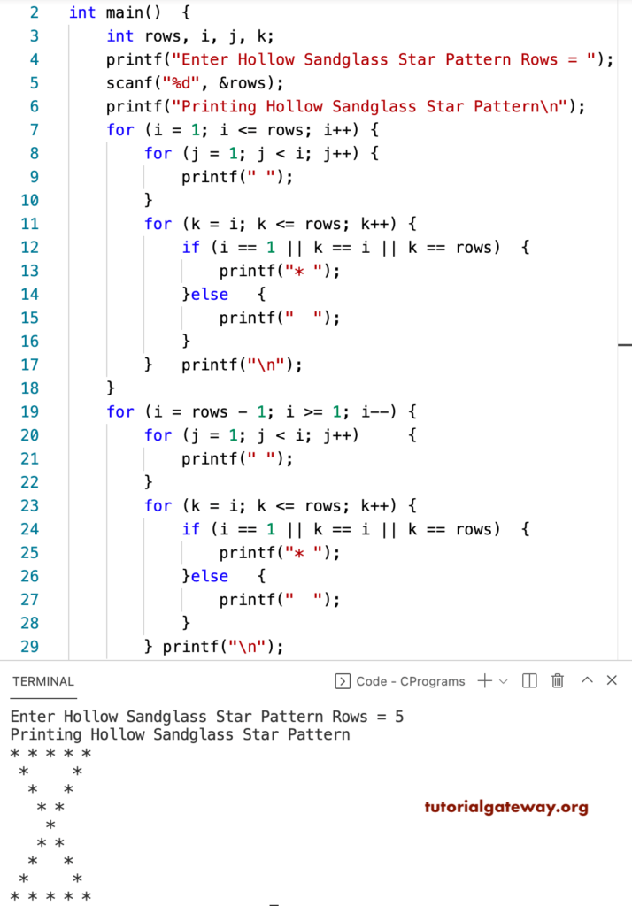 C Program to Print Hollow Sandglass Star Pattern