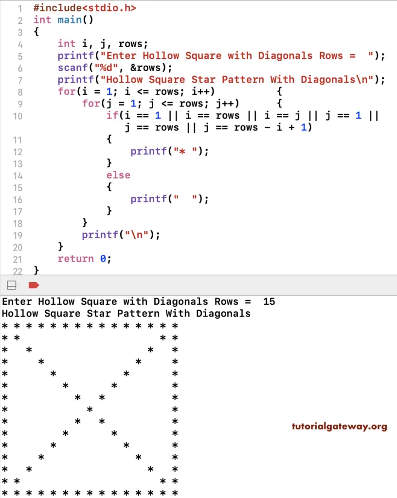 C Program to Print Hollow Square Pattern With Diagonals 1