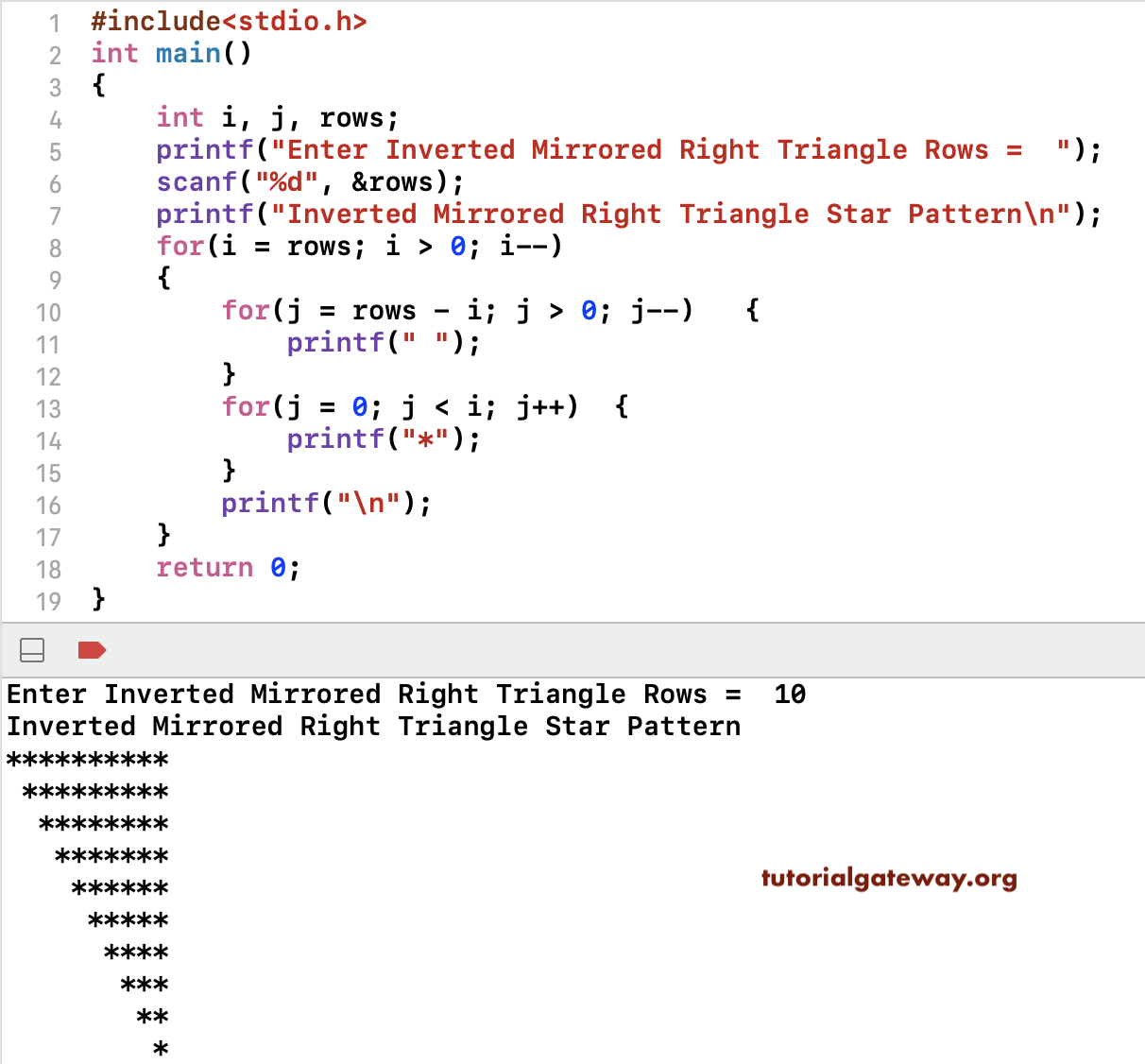C Program to Print Inverted Mirrored Right Triangle Star Pattern 1