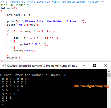 C Program to Print Inverted Right Triangle Number Pattern 1