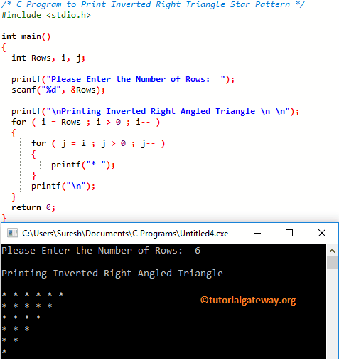 C Program to Print Inverted Right Triangle Star Pattern 1