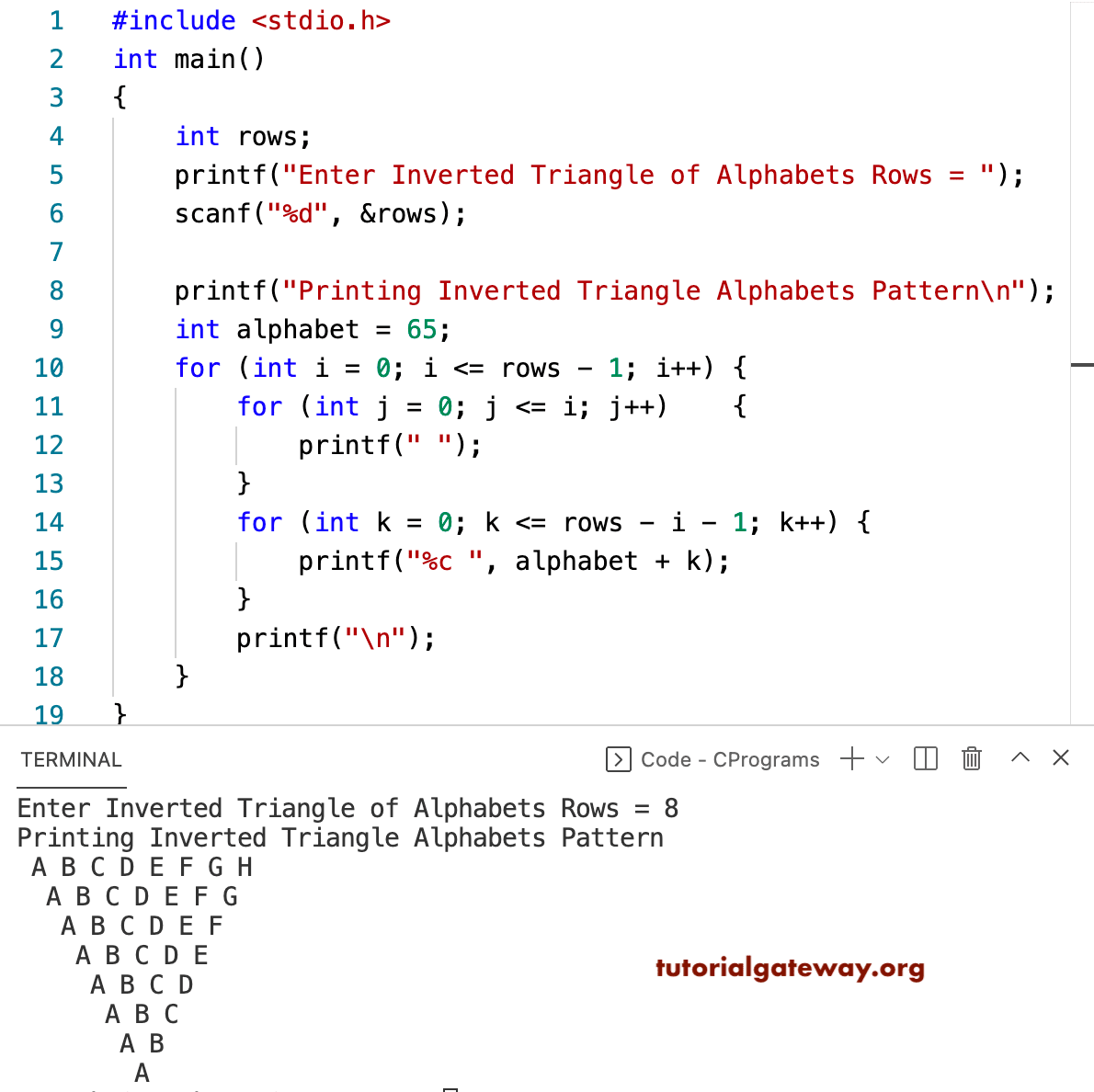C Program to Print Inverted Triangle Alphabets Pattern