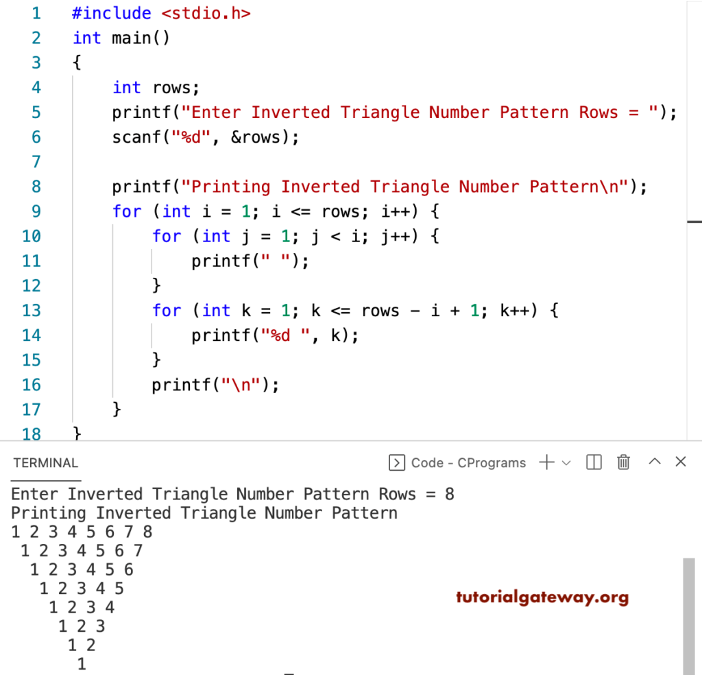 C Program to Print Inverted Triangle Numbers Pattern