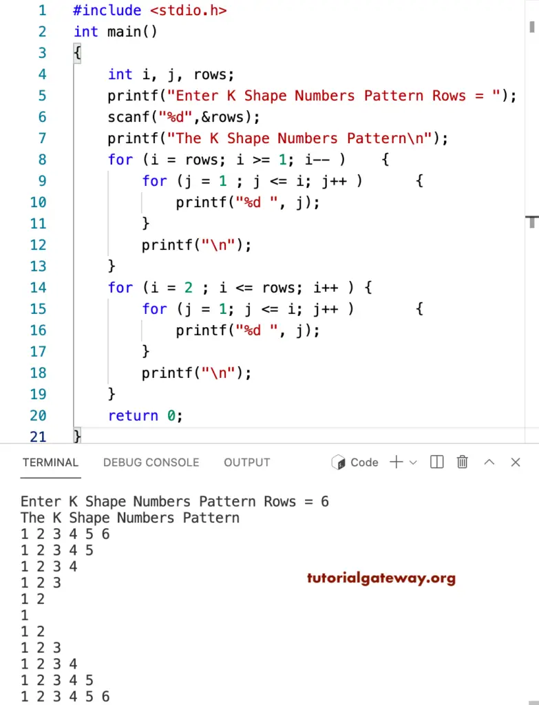 C Program to Print K Shape Number Pattern