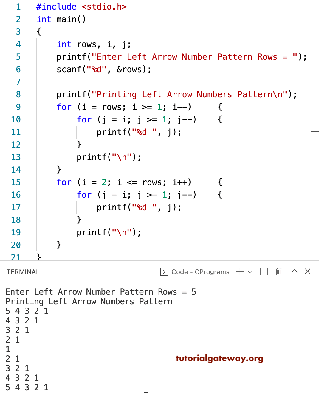 C Program to Print Left Arrow Numbers Pattern