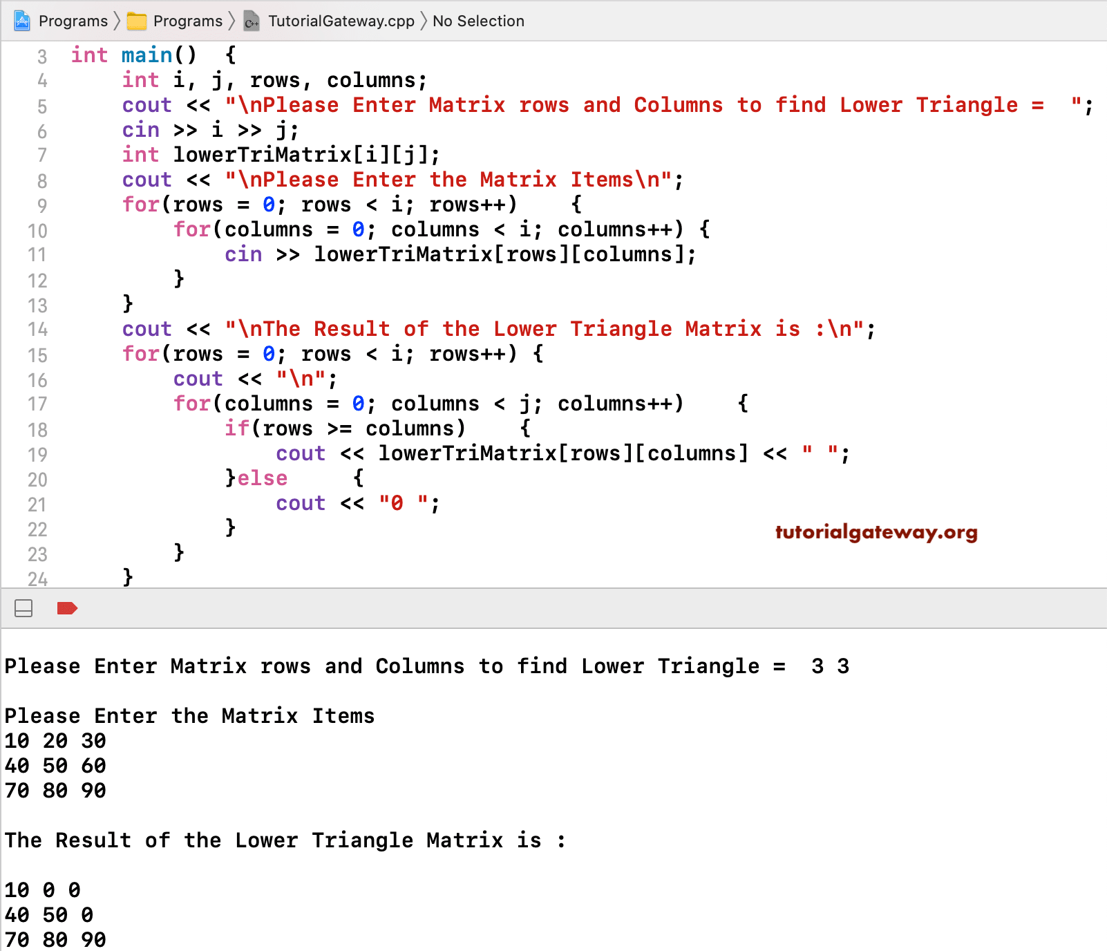 C++ Program to Print Lower Triangle of a Matrix 1