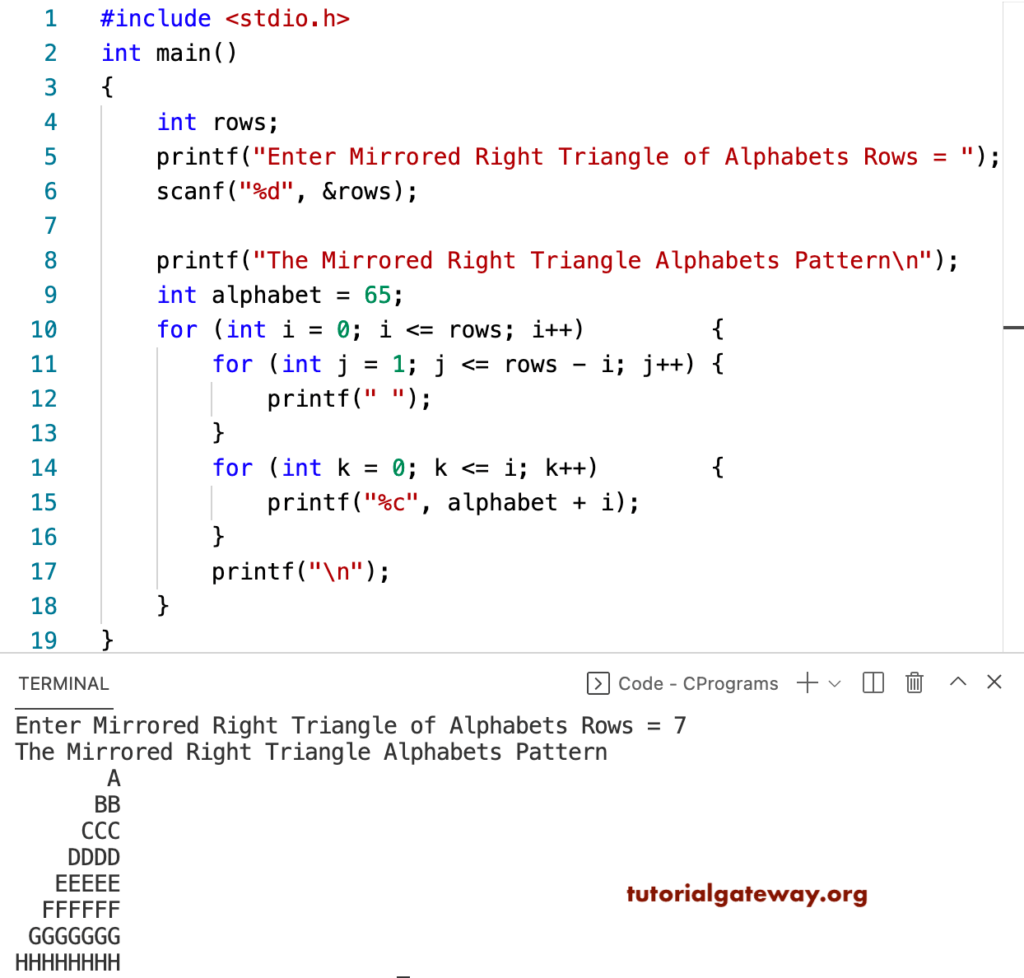 C Program to Print Mirrored Right Triangle Alphabets Pattern