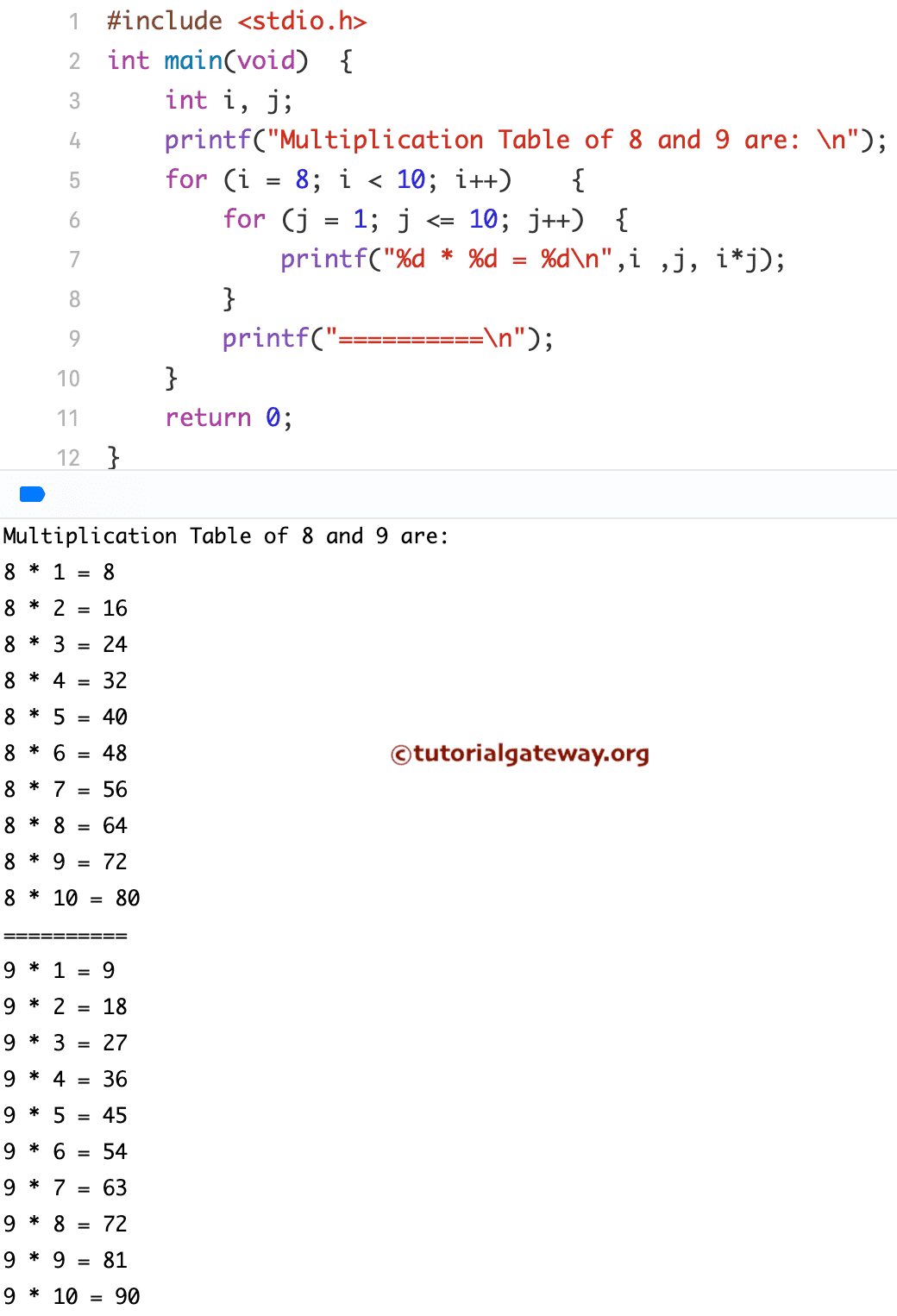 C Program to Print Multiplication Table 1