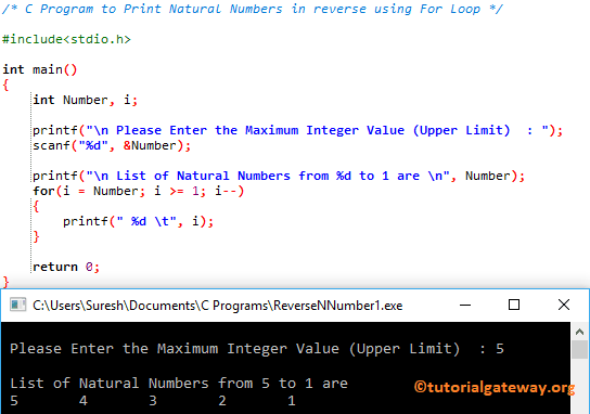 C Program to Print Natural Numbers in reverse 1