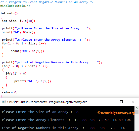 C Program to Print Negative Numbers in an Array 1
