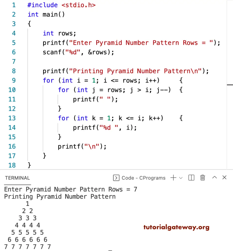 C Program to Print Pyramid Numbers Pattern using for loop
