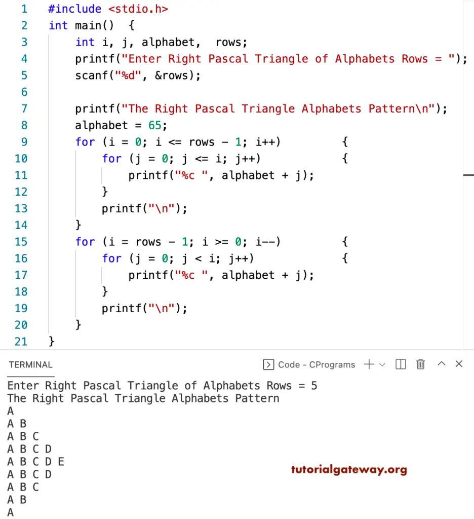 C Program to Print Right Pascals Triangle Alphabets Pattern