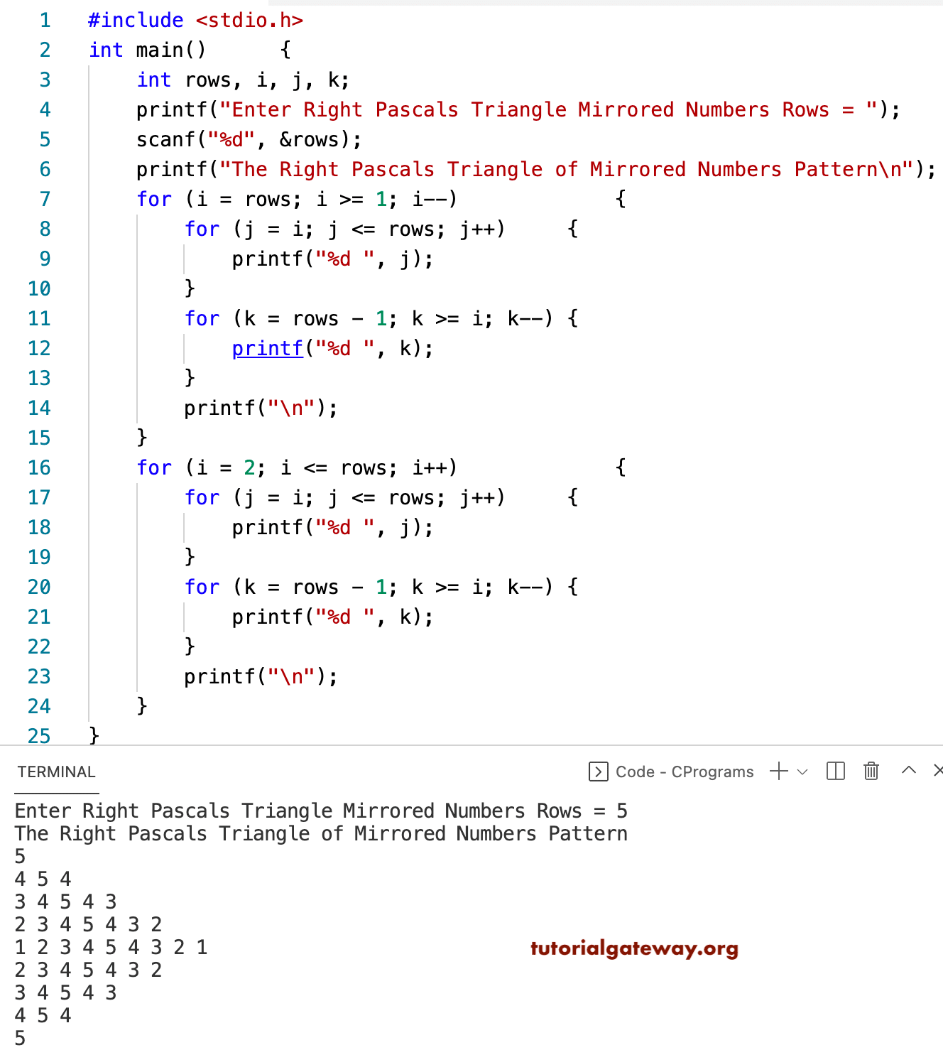 C Program to Print Right Pascals Triangle of Mirrored Numbers Pattern