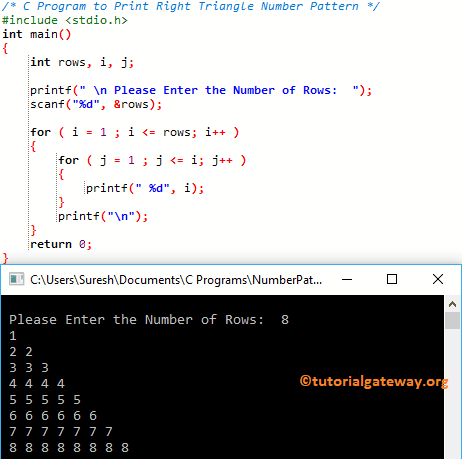 C Program to Print Right Triangle Number Pattern 1