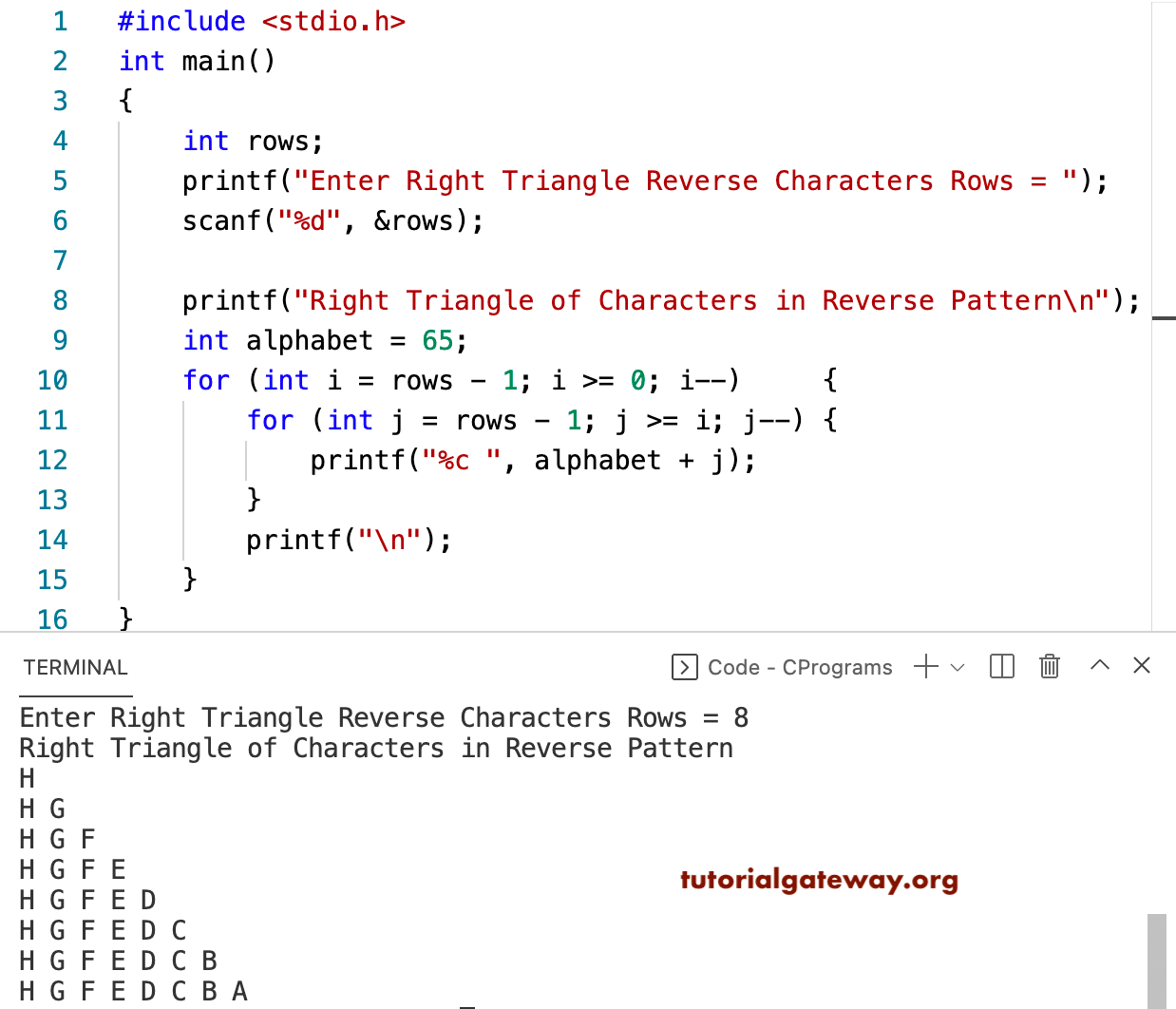 C Program to Print Right Triangle of Alphabets in Reverse Pattern