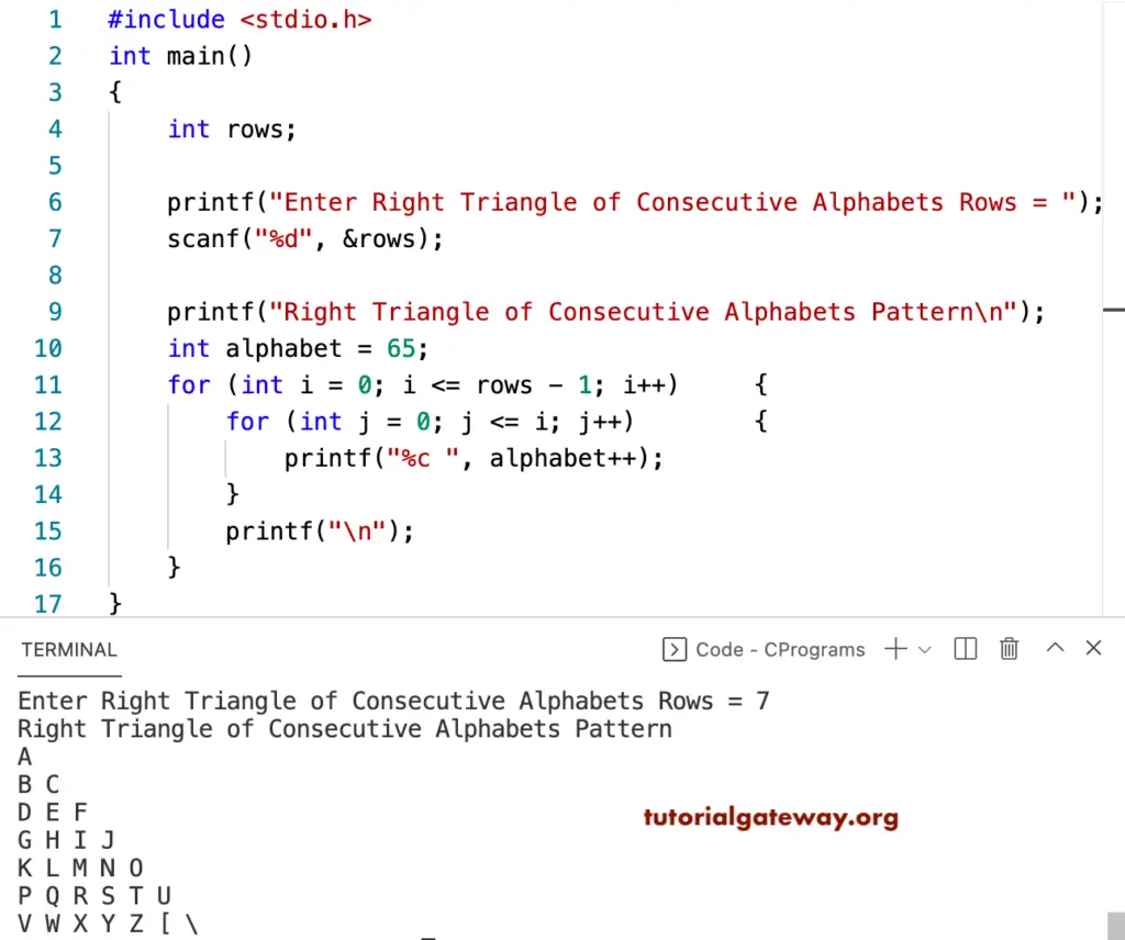 C Program to Print Right Triangle of Consecutive Alphabets Pattern
