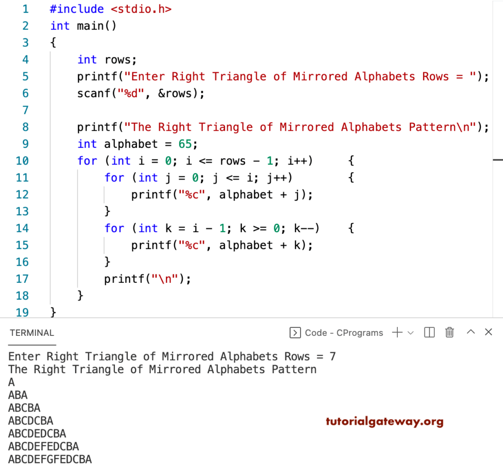C Program to Print Right Triangle of Mirrored Alphabets Pattern