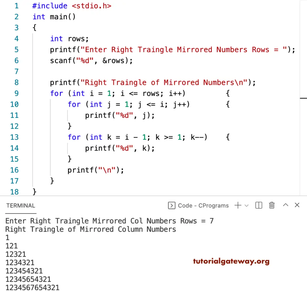 C Program to Print Right Triangle of Mirrored Numbers Pattern