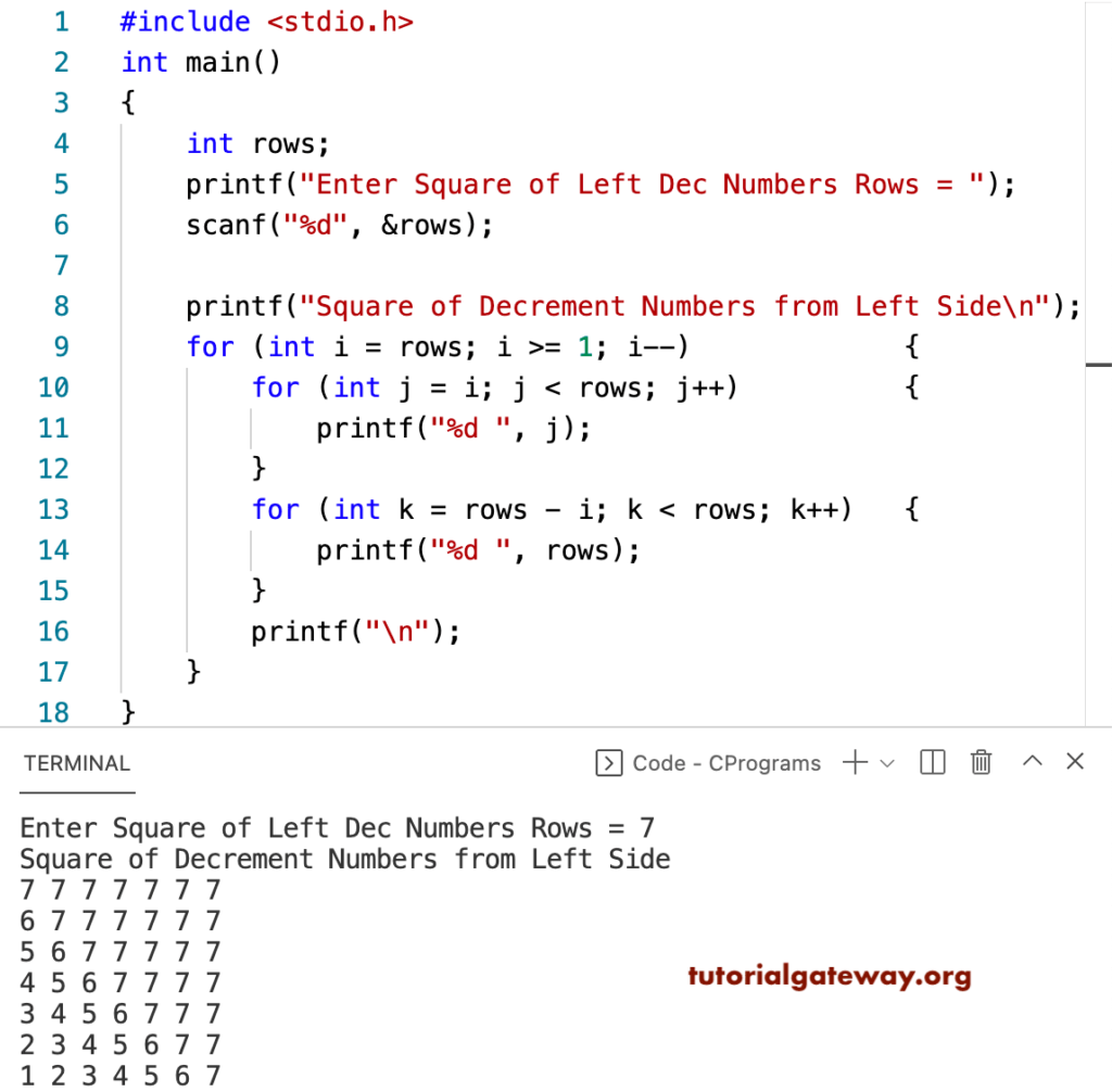 C Program to Print Square of Left Decrement Numbers Pattern