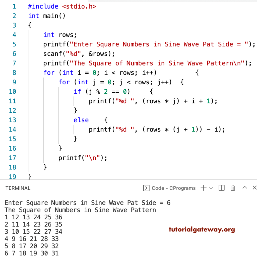 C Program to Print Square of Numbers in Sine Wave Pattern