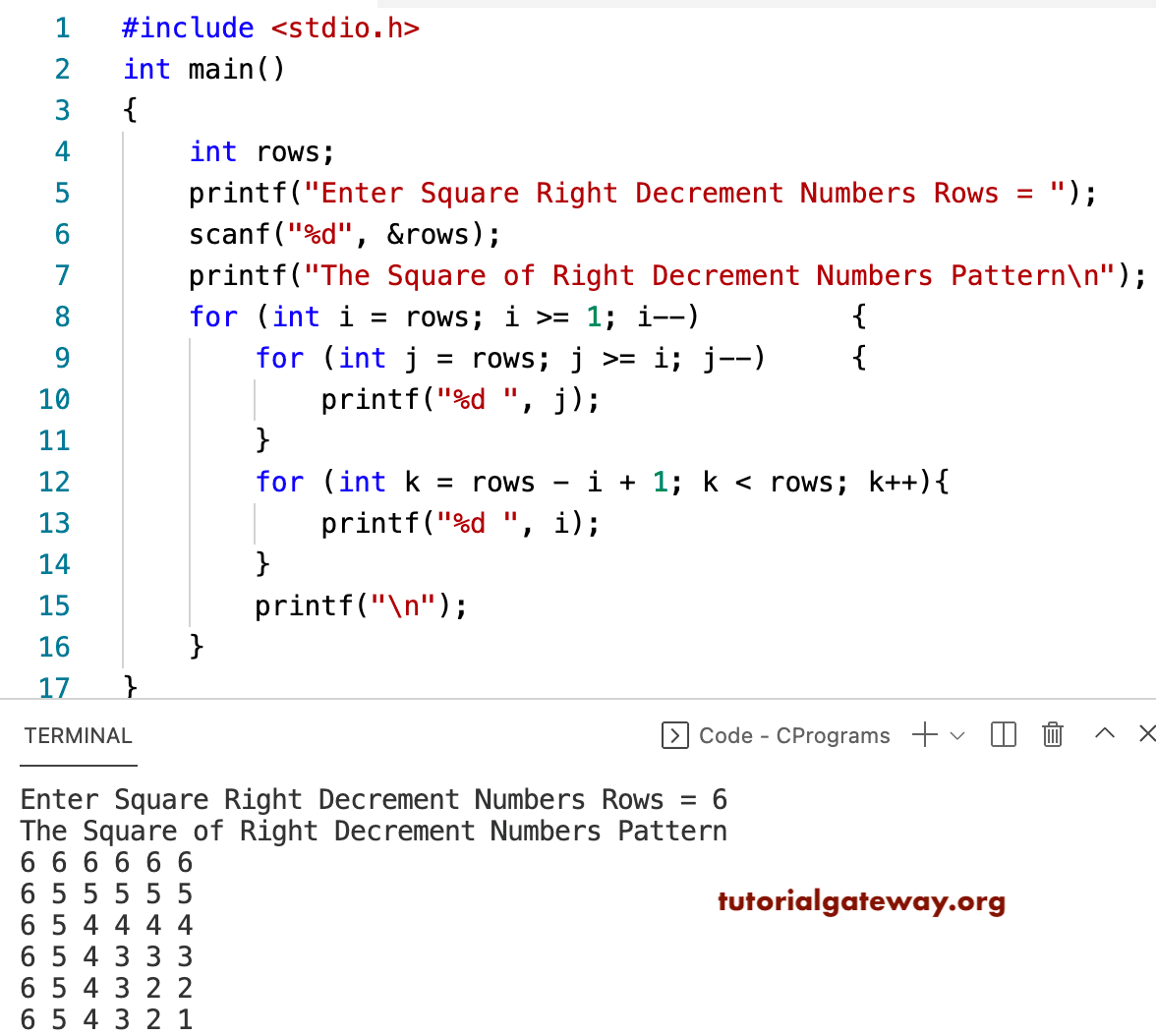 C Program to Print Square of Right Decrement Numbers Pattern