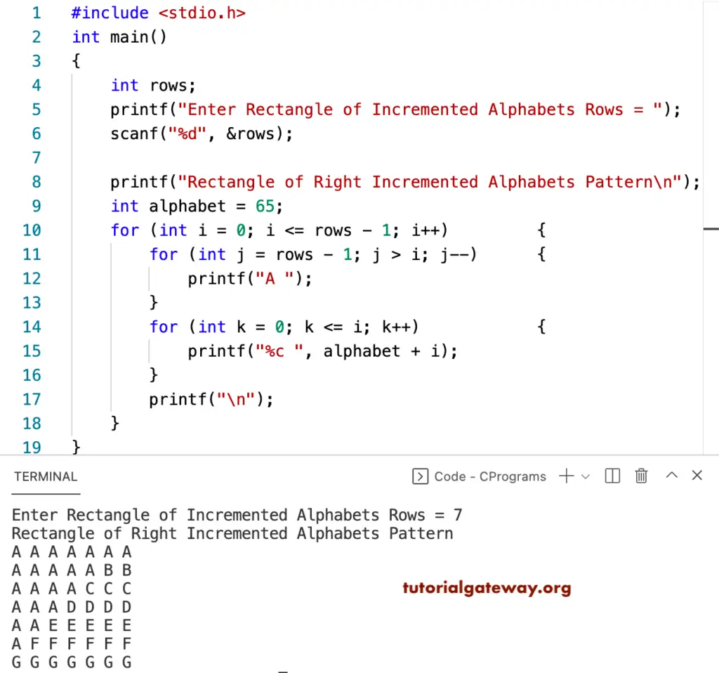 C Program to Print Square of Right Increment Alphabets Pattern
