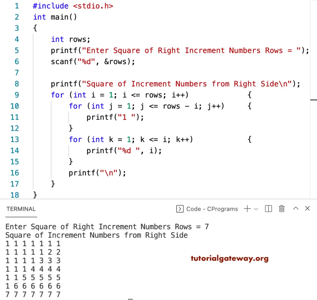 C Program to Print Square of Right Increment Numbers Pattern