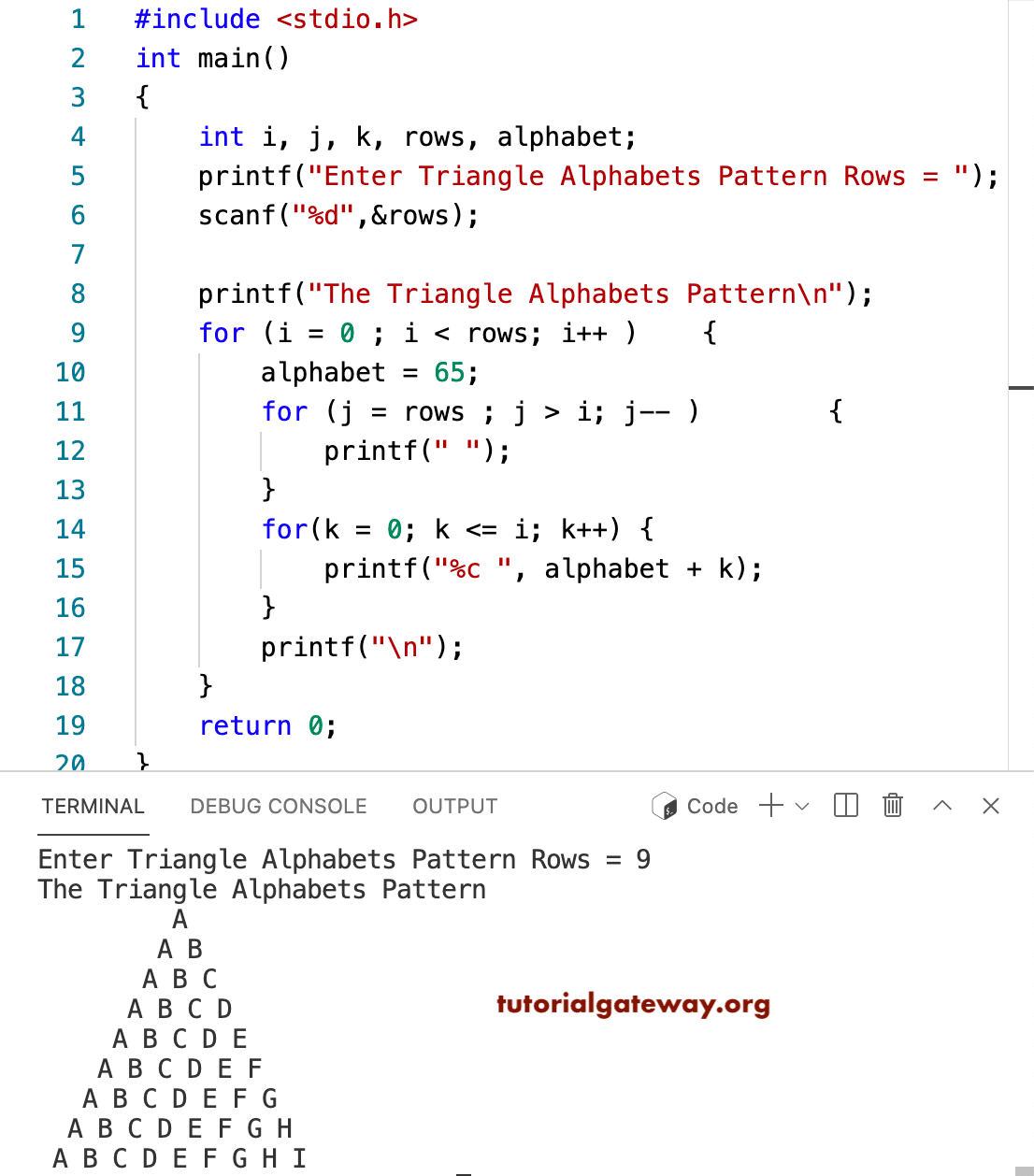 C Program to Print Triangle Alphabets Pattern
