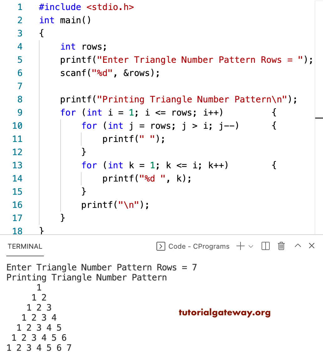 C Program to Print Triangle Numbers Pattern