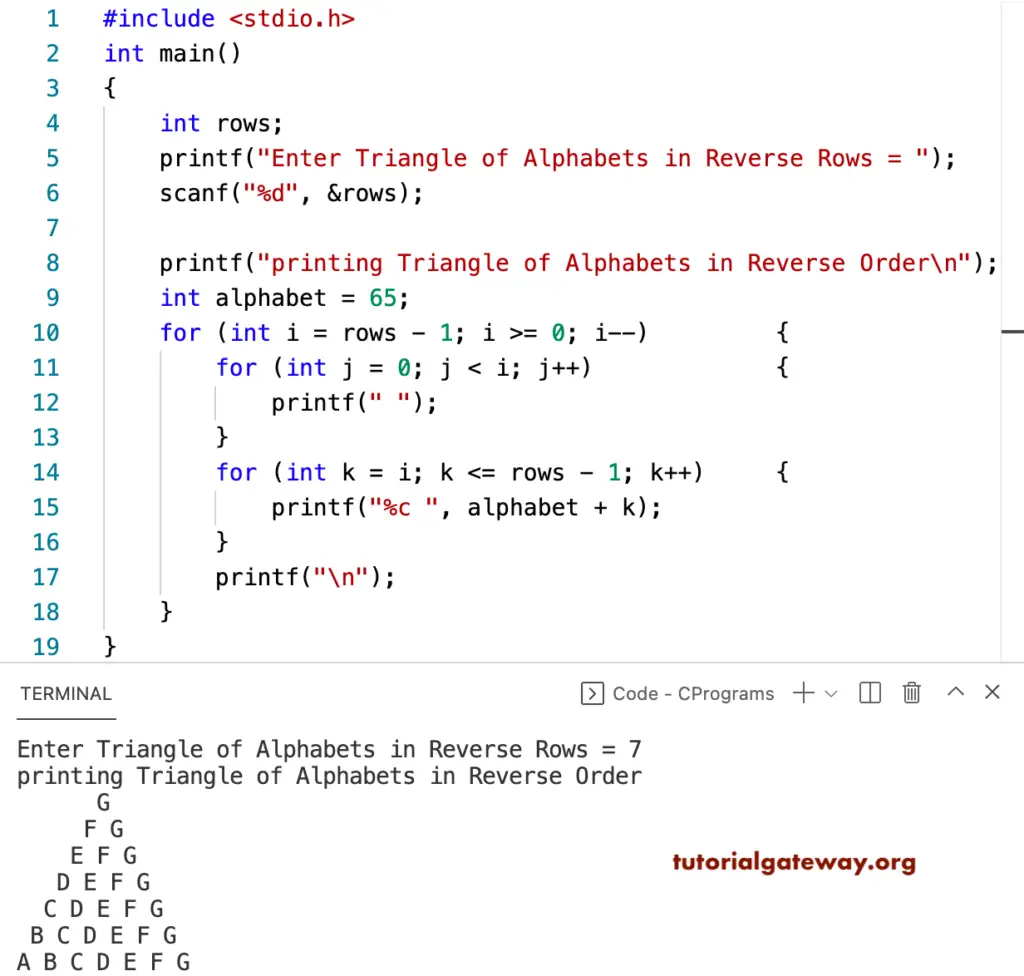 C Program to Print Triangle of Alphabets in Reverse Pattern