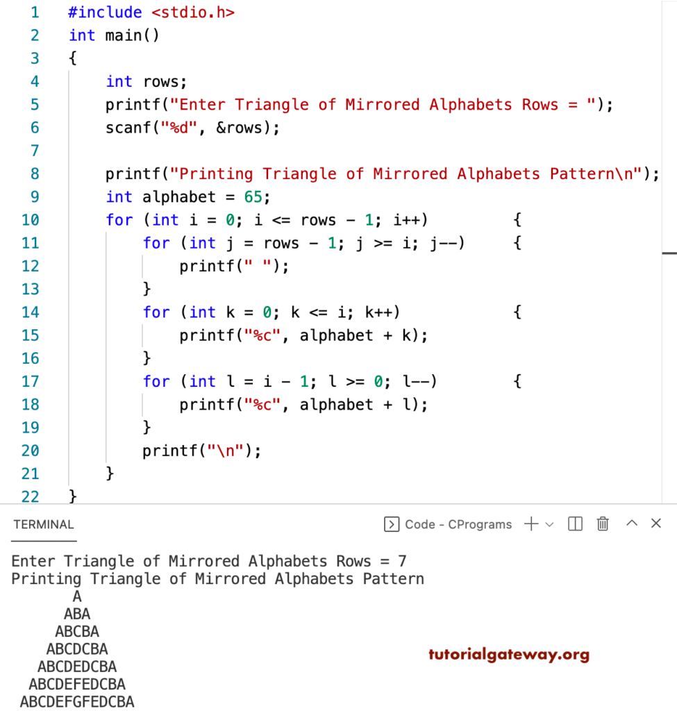 C Program to Print Triangle of Mirrored Alphabets Pattern