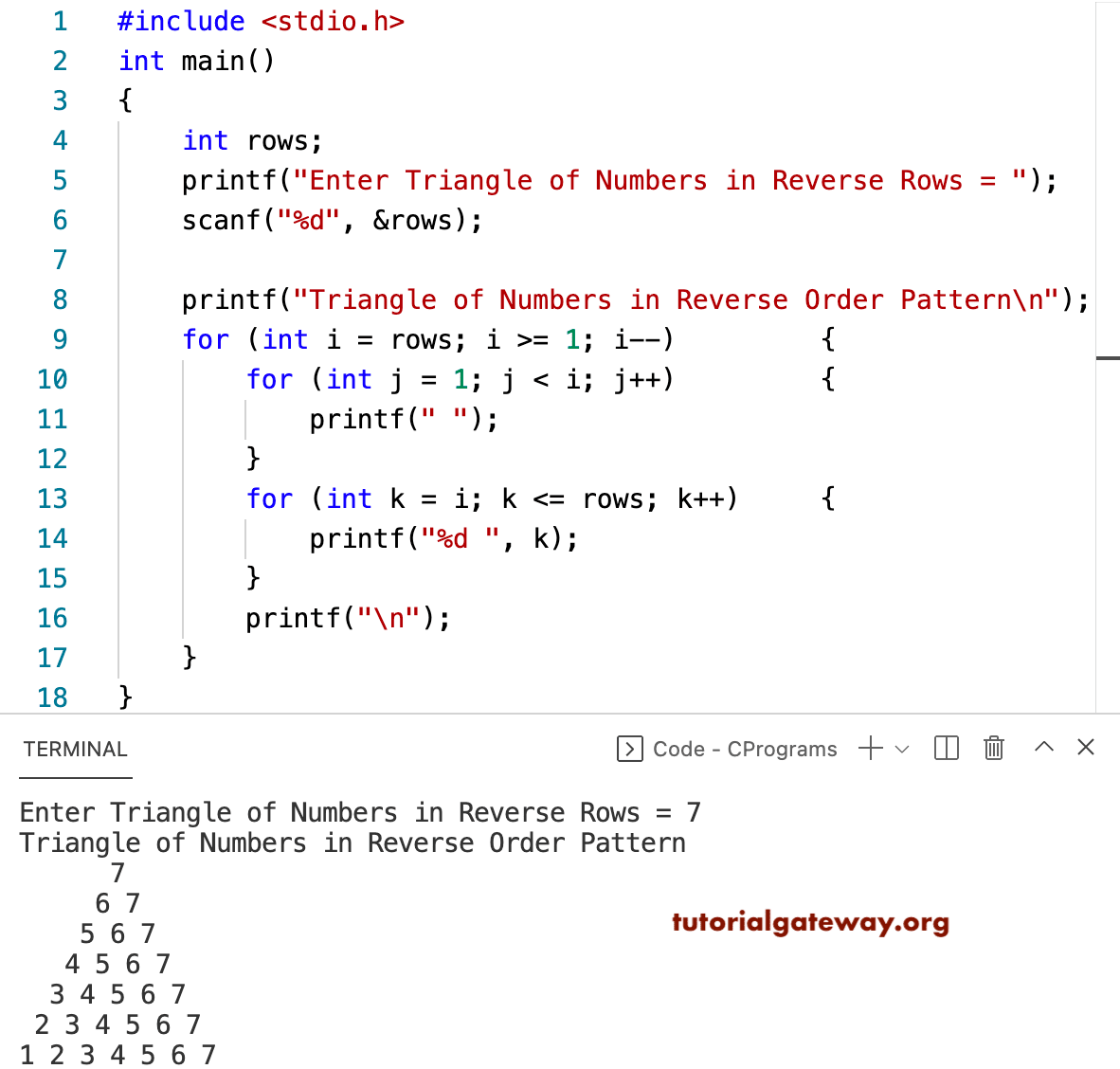 C Program to Print Triangle of Numbers in Reverse Pattern