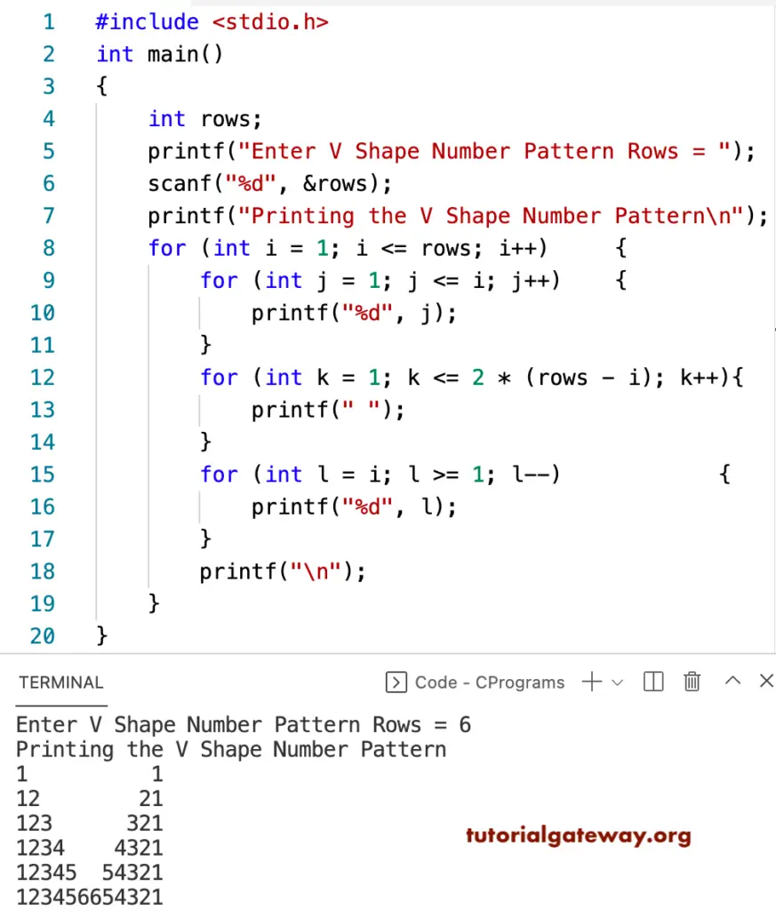 C Program to Print V Numbers Pattern
