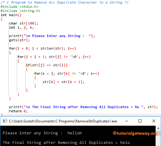 C Program to Remove All Duplicate Character in a String 1