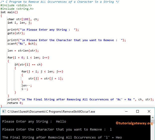 C Program to Remove All Occurrences of a Character in a String 1