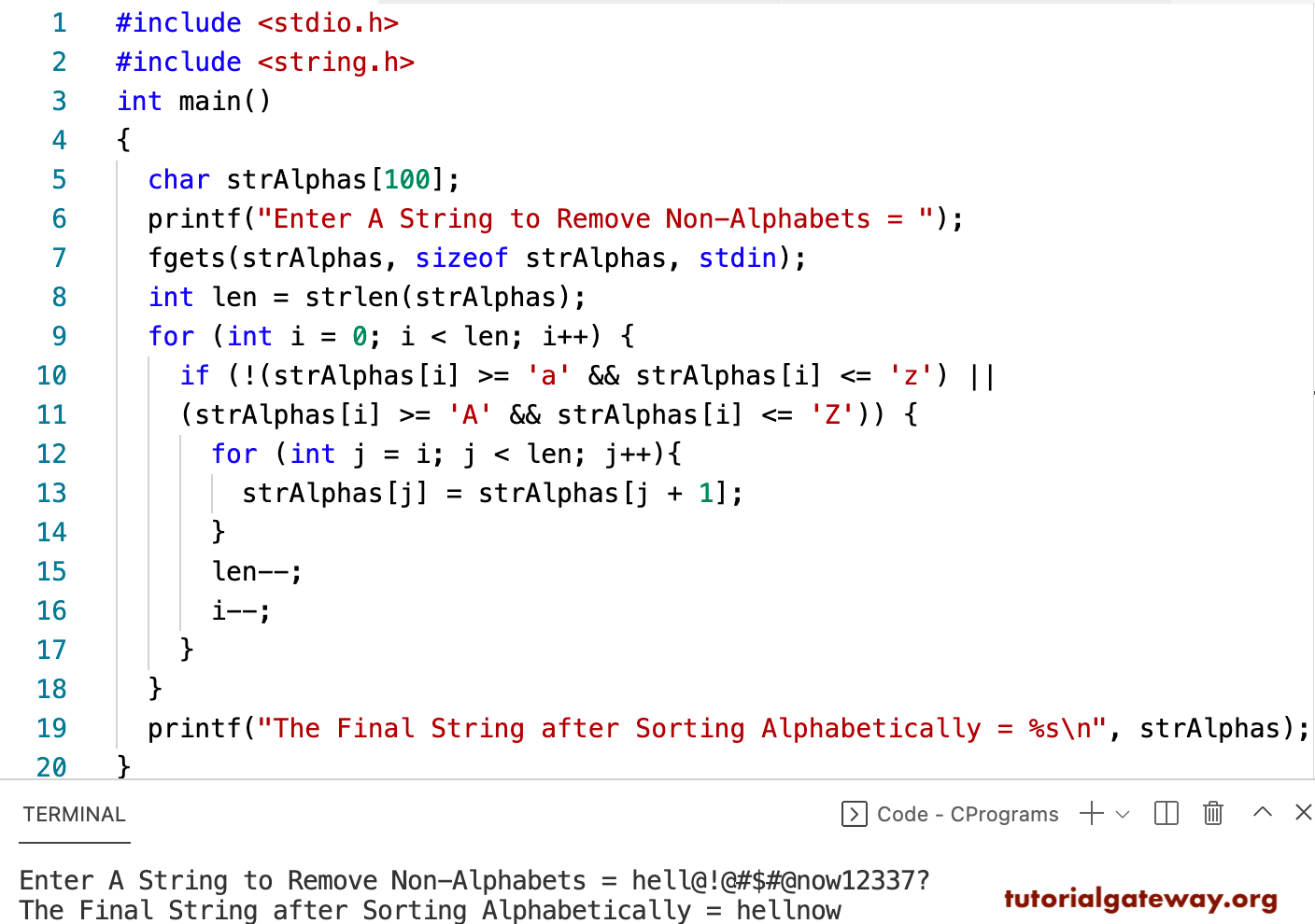 C Program to Remove Characters in a String Except Alphabets