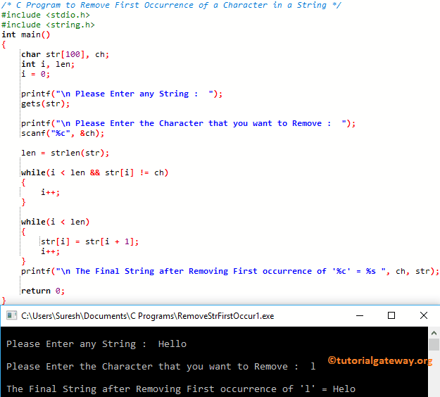 C Program to Remove First Occurrence of a Character in a String 1