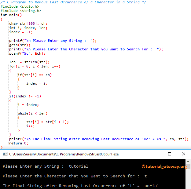C Program to Remove Last Occurrence of a Character in a String 1