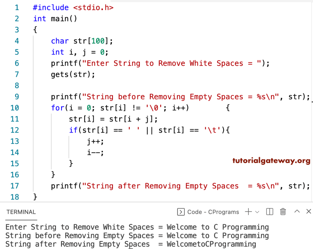 C Program to Remove White Spaces from a String