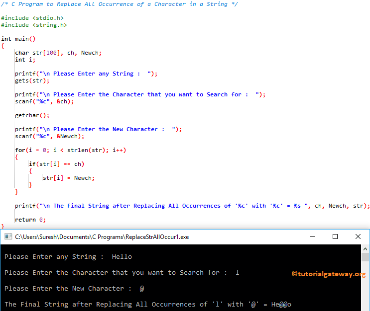 C Program To Replace All Occurrence Of A Character In A String