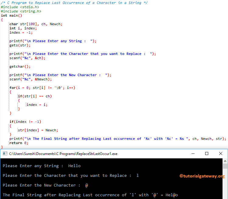 C Program to Replace Last Occurrence of a Character in a String 1