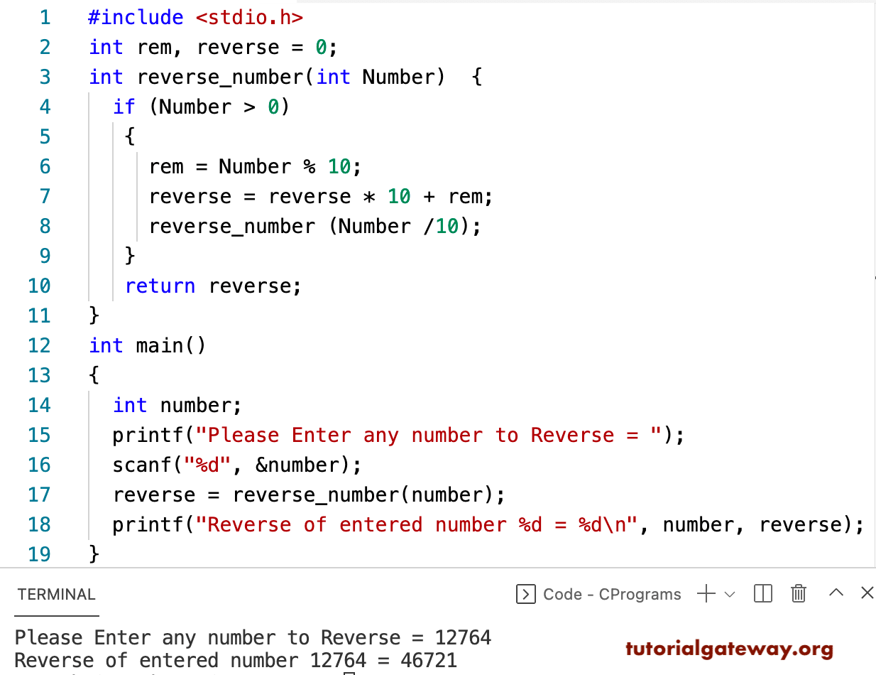 C Program to Reverse a Number using Recursive Function