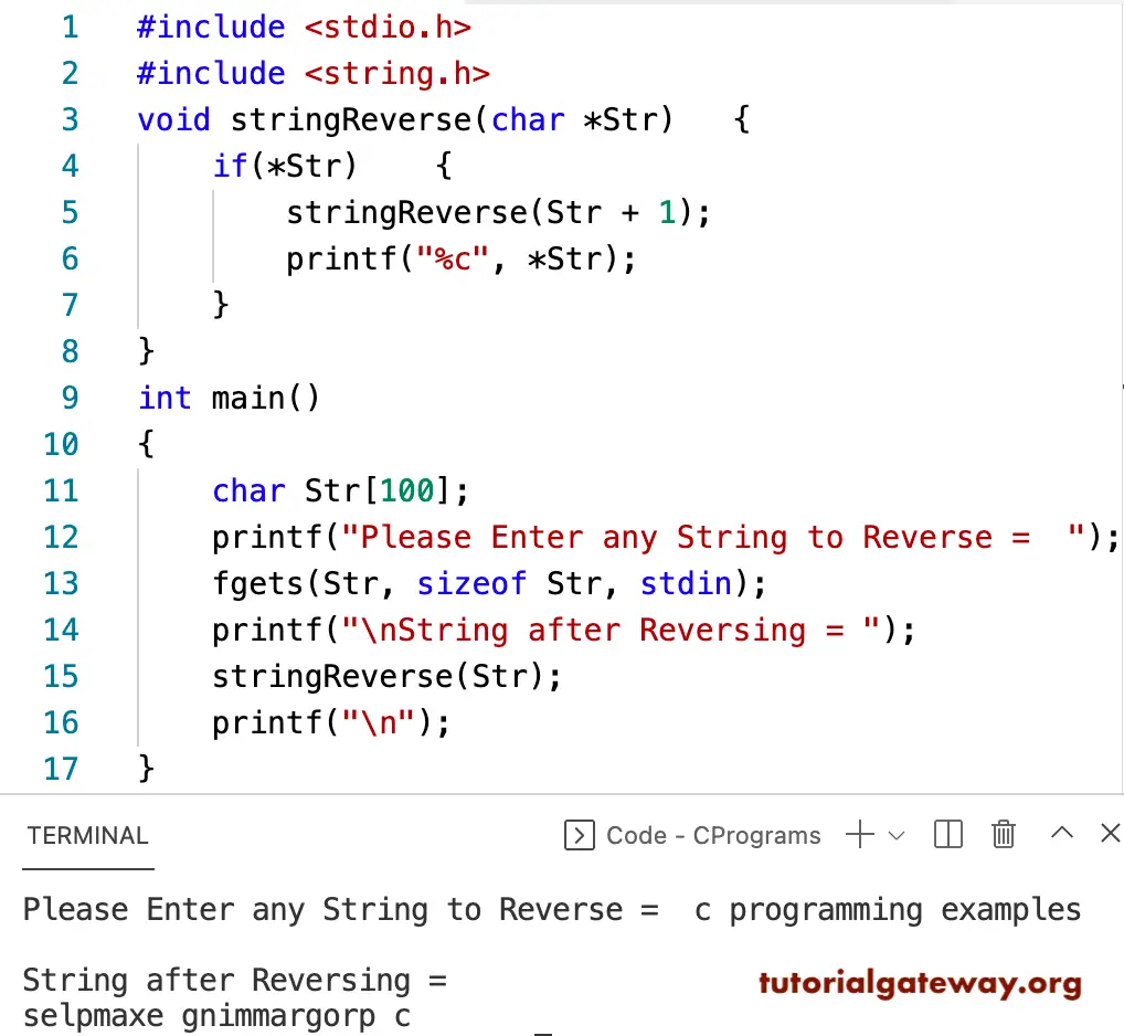 C Program to Reverse a String using Recursion
