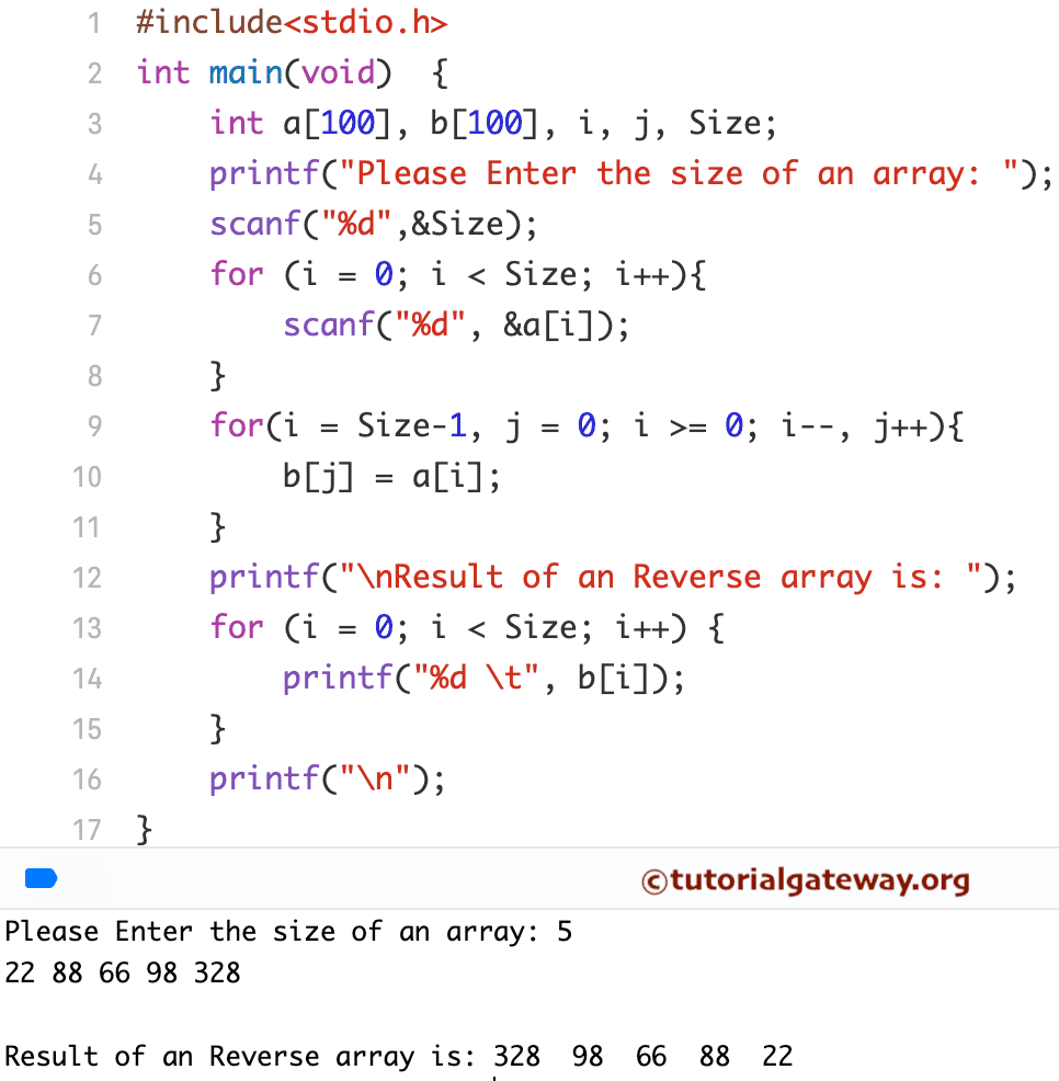 C Program to Reverse an Array using For Loop